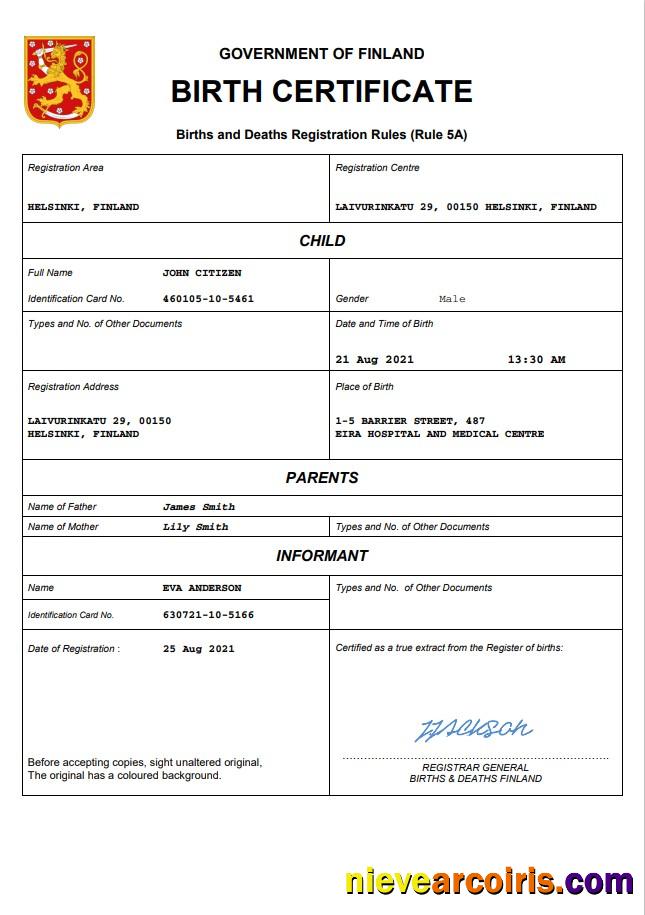 Finland vital record birth certificate